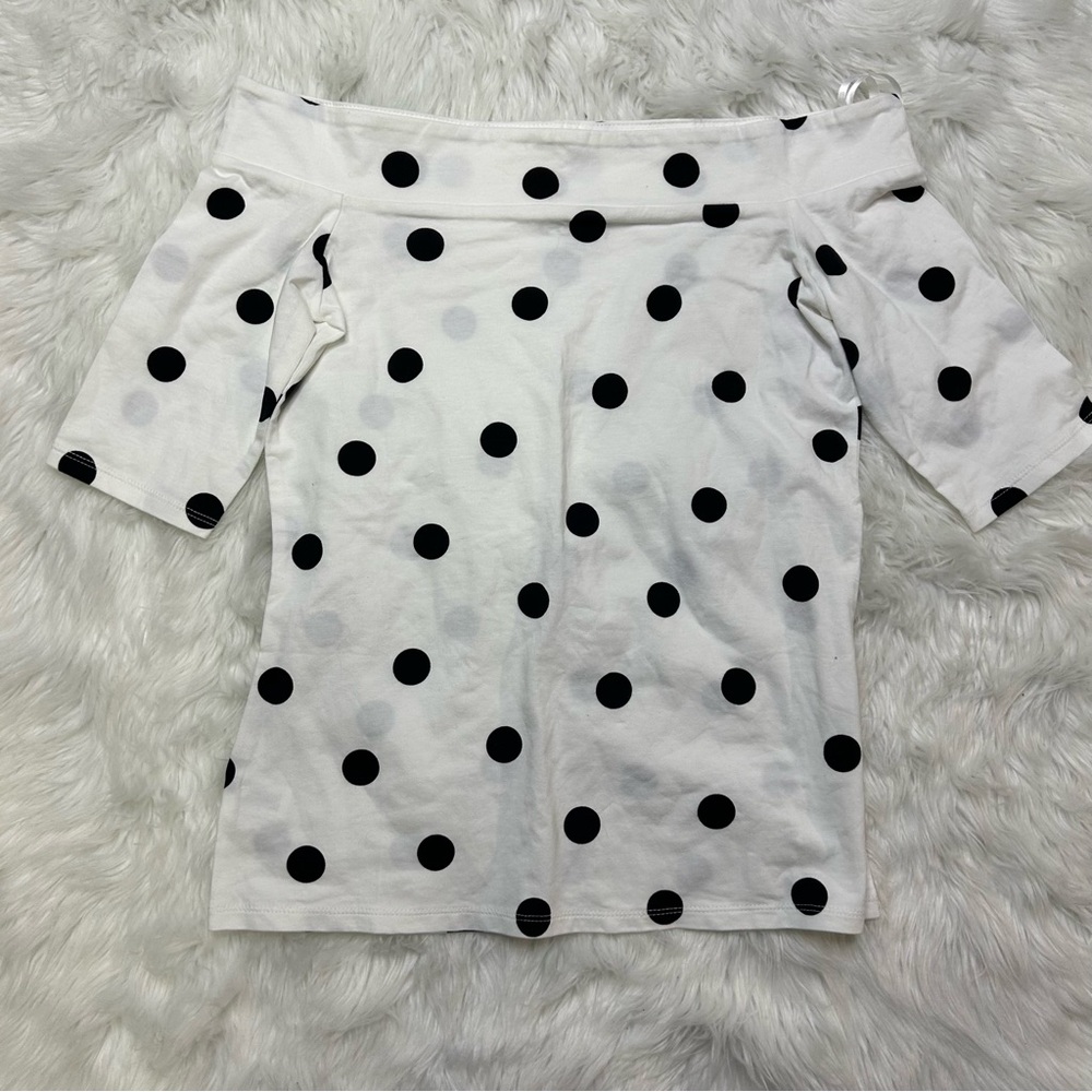 LOFT Off-the-Shoulder Black and White Polka Dot Short Sleeve Top NWT